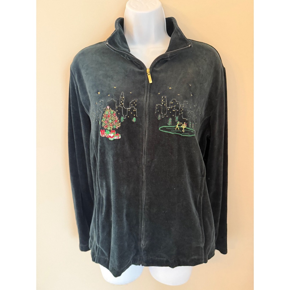 Merry & Bright Zip Up Jacket Medium Black Velour NYC Christmas Skyline Festive